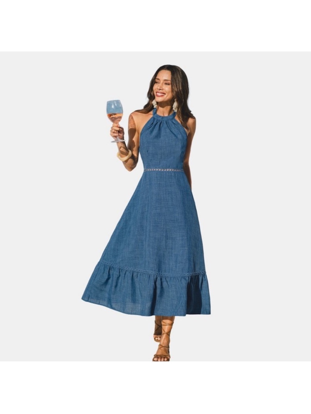 Cupshe Blue Halter Maxi Dress with Ruffle Hem